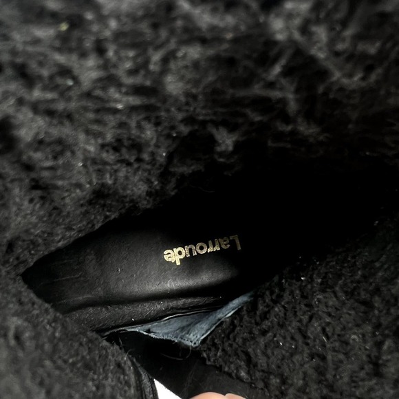 Larroude Hailey Faux Fur Lined Platform Bootie Ankle Boot Black Leather Square - Picture 9 of 10